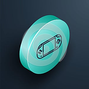 Isometric line Portable video game console icon isolated on black background. Gamepad sign. Gaming concept. Turquoise