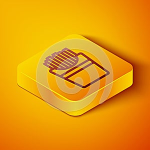 Isometric line Potatoes french fries in carton package box icon isolated on orange background. Fast food menu. Yellow