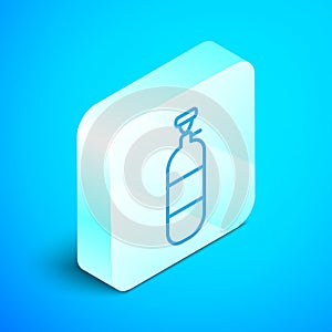 Isometric line Propane gas tank icon isolated on blue background. Flammable gas tank icon. Silver square button. Vector