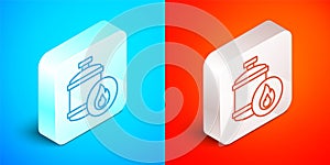 Isometric line Propane gas tank icon isolated on blue and red background. Flammable gas tank icon. Silver square button