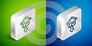 Isometric line Property and housing market collapse icon isolated on green and blue background. Falling property prices