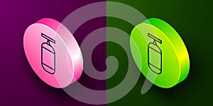 Isometric line Punching bag icon isolated on purple and green background. Circle button. Vector Illustration