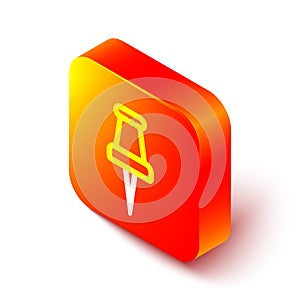 Isometric line Push pin icon isolated on white background. Thumbtacks sign. Orange square button. Vector Illustration