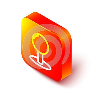 Isometric line Push pin icon isolated on white background. Thumbtacks sign. Orange square button. Vector Illustration
