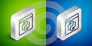 Isometric line Python programming language icon isolated on green and blue background. Python coding language sign on