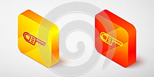 Isometric line Reciprocating saw and saw blade icon isolated on grey background. Yellow and orange square button. Vector