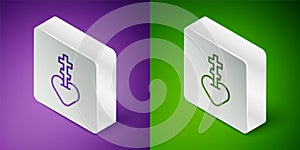 Isometric line Religious cross in the heart inside icon isolated on purple and green background. Love of God, Catholic