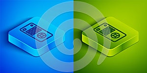 Isometric line Remote control icon isolated on blue and green background. Square button. Vector Illustration.