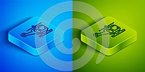 Isometric line Rescue helicopter aircraft vehicle icon isolated on blue and green background. Square button. Vector