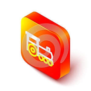 Isometric line Retro train icon isolated on white background. Public transportation symbol. Orange square button. Vector