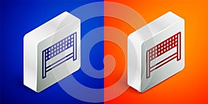 Isometric line Ribbon in finishing line icon isolated on blue and orange background. Symbol of finish line. Sport symbol