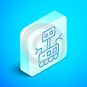Isometric line Robot icon isolated on blue background. Artificial intelligence, machine learning, cloud computing. Silver square
