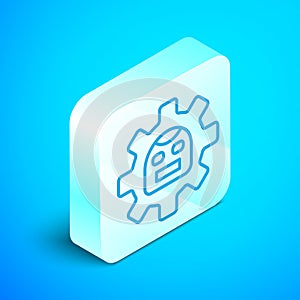 Isometric line Robot icon isolated on blue background. Artificial intelligence, machine learning, cloud computing