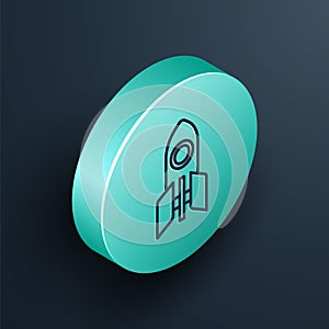 Isometric line Rocket ship icon isolated on black background. Space travel. Turquoise circle button. Vector