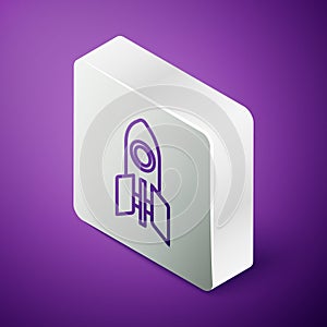 Isometric line Rocket ship icon isolated on purple background. Space travel. Silver square button. Vector