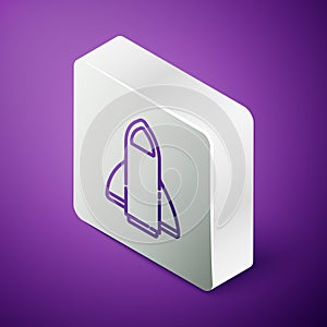 Isometric line Rocket ship icon isolated on purple background. Space travel. Silver square button. Vector