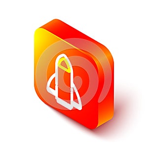 Isometric line Rocket ship icon isolated on white background. Space travel. Orange square button. Vector
