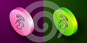 Isometric line Roman army helmet icon isolated on purple and green background. Circle button. Vector