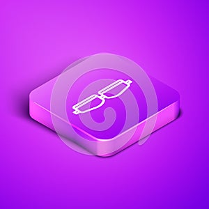 Isometric line Safety goggle glasses icon isolated on purple background. Purple square button. Vector Illustration.