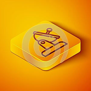 Isometric line Satellite dish icon isolated on orange background. Radio antenna, astronomy and space research. Yellow