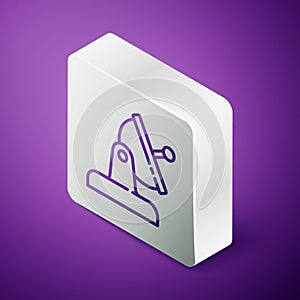 Isometric line Satellite dish icon isolated on purple background. Radio antenna, astronomy and space research. Silver square