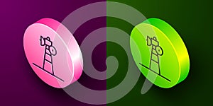 Isometric line Satellite dish icon isolated on purple and green background. Radio antenna, astronomy and space research