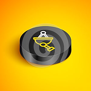 Isometric line Satellite dish icon isolated on yellow background. Radio antenna, astronomy and space research. Black
