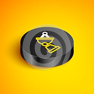 Isometric line Satellite dish icon isolated on yellow background. Radio antenna, astronomy and space research. Black