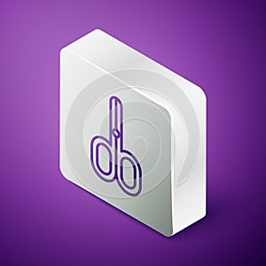 Isometric line Scissors icon isolated on purple background. Cutting tool sign. Silver square button. Vector