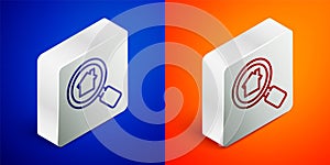 Isometric line Search house icon isolated on blue and orange background. Real estate symbol of a house under magnifying
