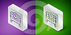 Isometric line Searching for food in trash can on streets outdoors icon isolated on purple and green background