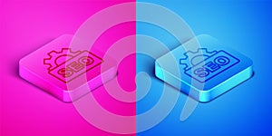 Isometric line SEO optimization icon isolated on pink and blue background. Square button. Vector