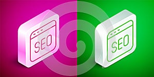Isometric line SEO optimization icon isolated on pink and green background. Silver square button. Vector
