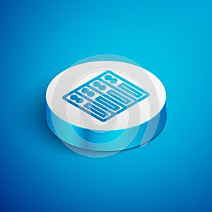 Isometric line Server, Data, Web Hosting icon isolated on blue background. White circle button. Vector