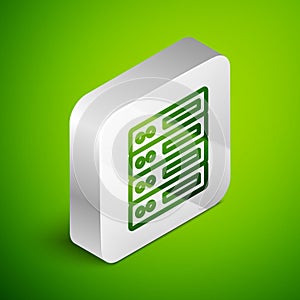 Isometric line Server, Data, Web Hosting icon isolated on green background. Silver square button. Vector