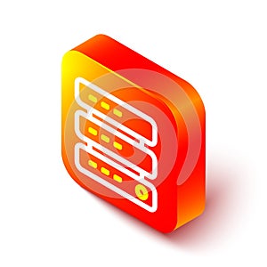 Isometric line Server, Data, Web Hosting icon isolated on white background. Orange square button. Vector