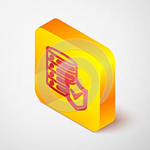 Isometric line Server with shield icon isolated on grey background. Protection against attacks. Network firewall, router