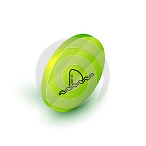 Isometric line Shark fin in ocean wave icon isolated on white background. Green circle button. Vector