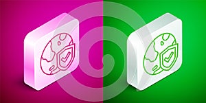 Isometric line Shield with world globe icon isolated on pink and green background. Insurance concept. Security, safety