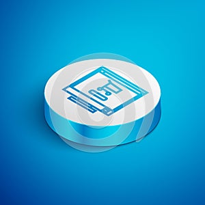 Isometric line Shopping cart on screen computer icon isolated on blue background. Concept e-commerce, e-business, online