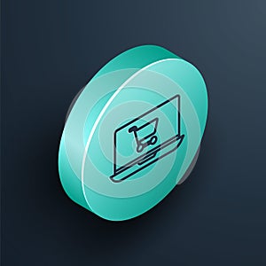 Isometric line Shopping cart on screen laptop icon isolated on black background. Concept e-commerce, e-business, online