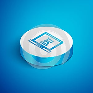 Isometric line Shopping cart on screen laptop icon isolated on blue background. Concept e-commerce, e-business, online