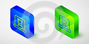 Isometric line Shopping cart on screen laptop icon isolated on grey background. Concept e-commerce, e-business, online