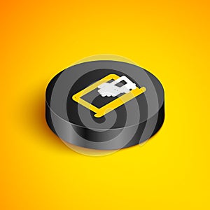 Isometric line Shopping cart on screen laptop icon isolated on yellow background. Concept e-commerce, e-business, online