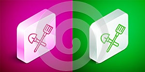 Isometric line Shovel and rake icon isolated on pink and green background. Tool for horticulture, agriculture, gardening