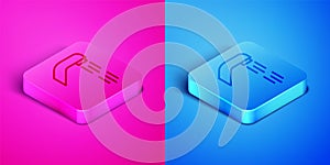 Isometric line Shower head with water drops flowing icon isolated on pink and blue background. Square button. Vector