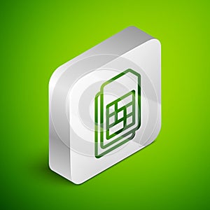 Isometric line Sim card icon isolated on green background. Mobile cellular phone sim card chip. Mobile