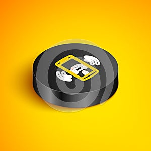 Isometric line Smart car alarm system icon isolated on yellow background. The smartphone controls the car security on