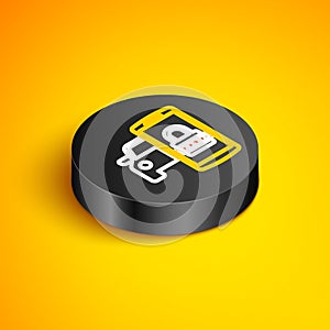 Isometric line Smart car security system icon isolated on yellow background. The smartphone controls the car security on