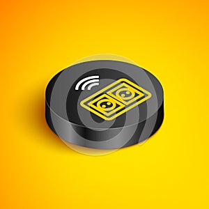 Isometric line Smart electrical outlet system icon isolated on yellow background. Power socket. Internet of things